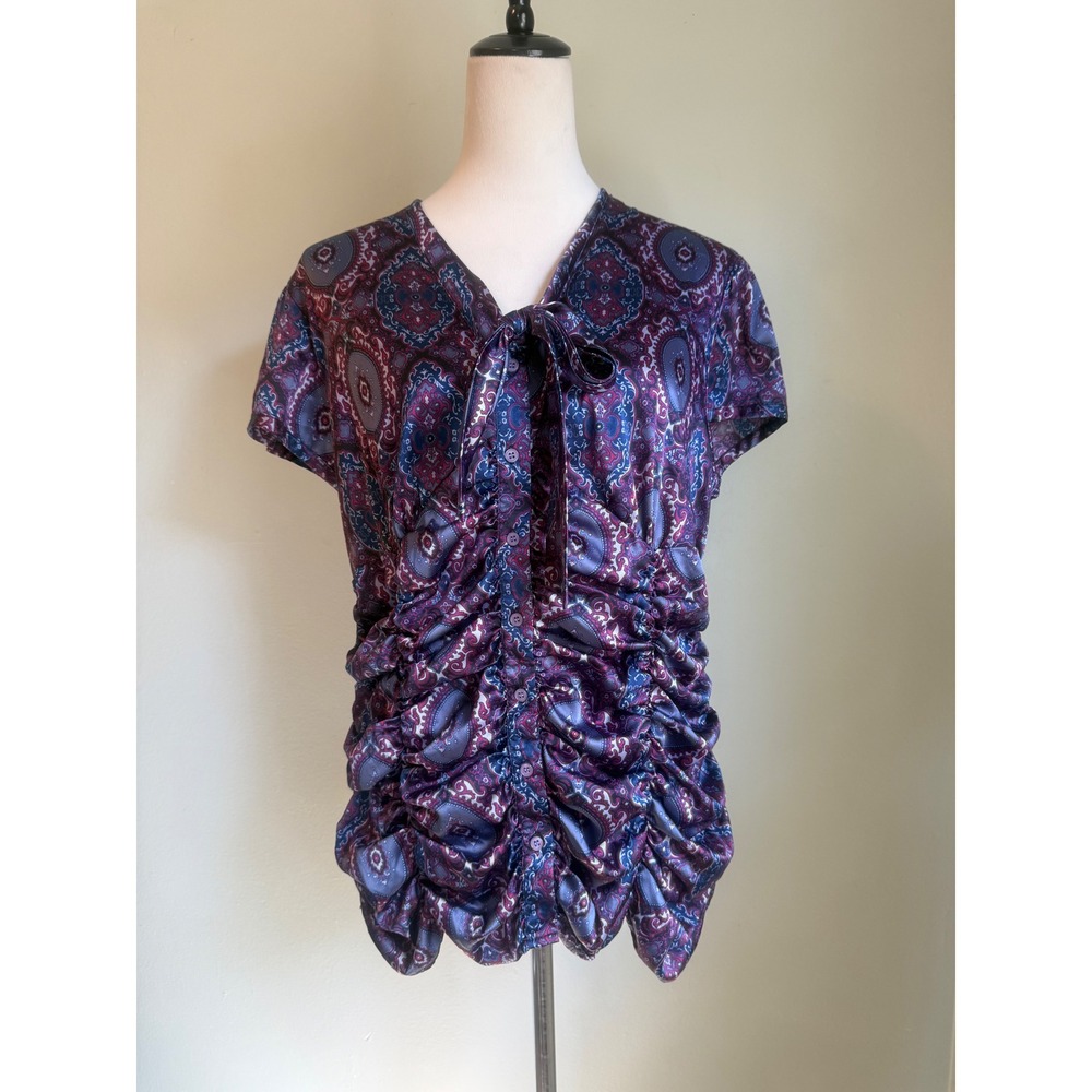 Purple Paisley Medallion Ruched Tie Neck Blouse Top 16 retro boho whimsigoth blu